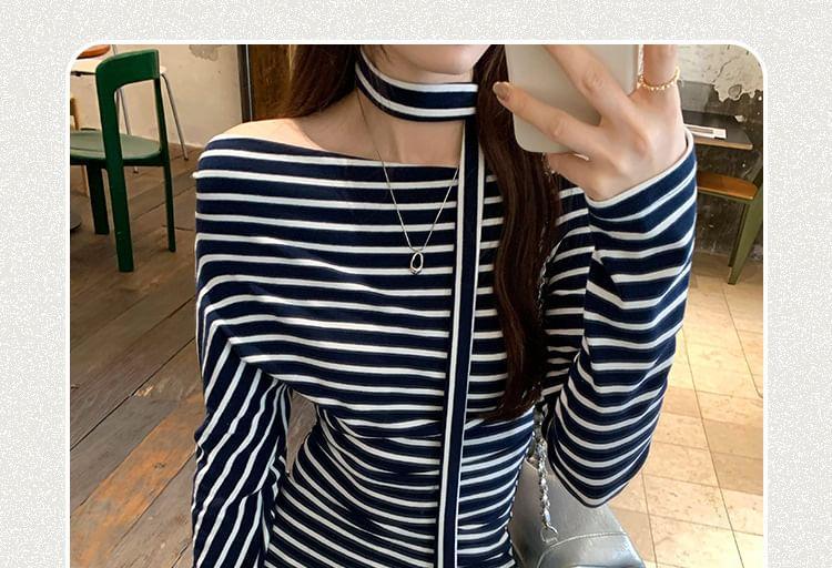 Long-Sleeve Off-Shoulder Striped Tee Product Image