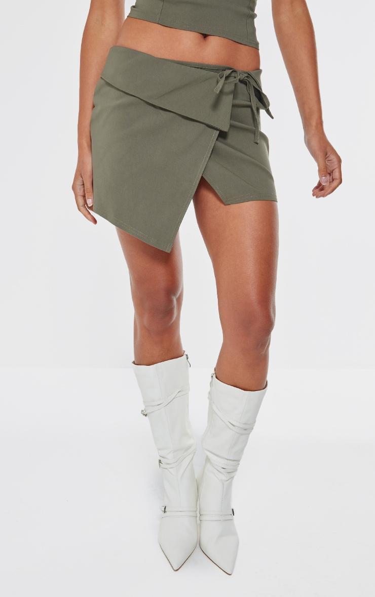 Dark Khaki Stretch Woven Foldover Tie Mini Skirt Product Image