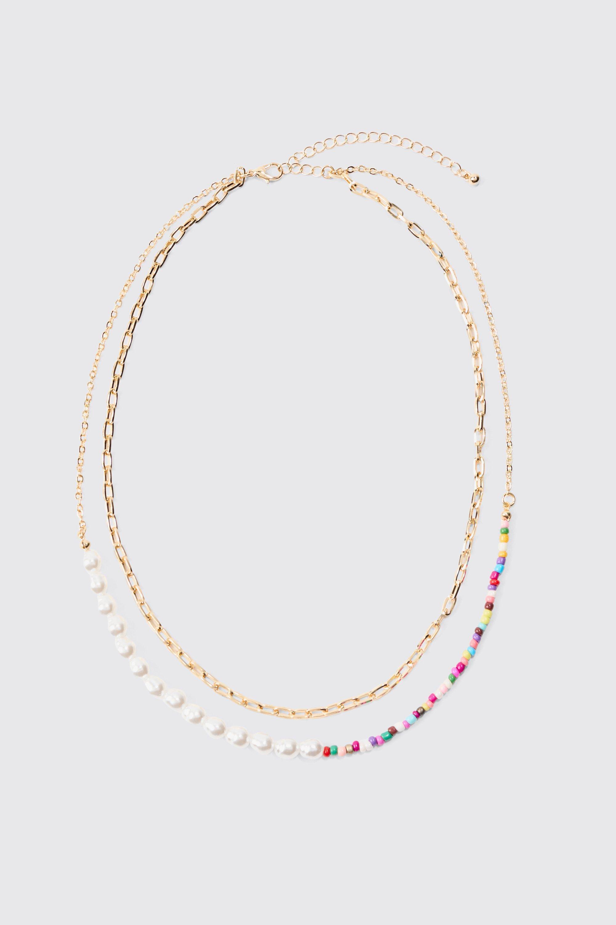 2 Pack Multi Beaded Pearl Necklaces In Gold | boohooMAN USA Product Image