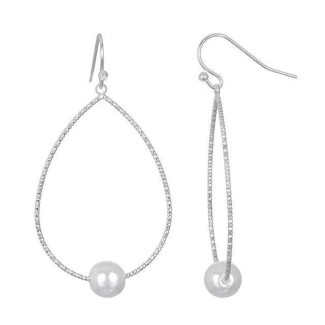 Emberly Silver Tone Simulated Pearl Teardrop Hoop Earrings, Womens Product Image