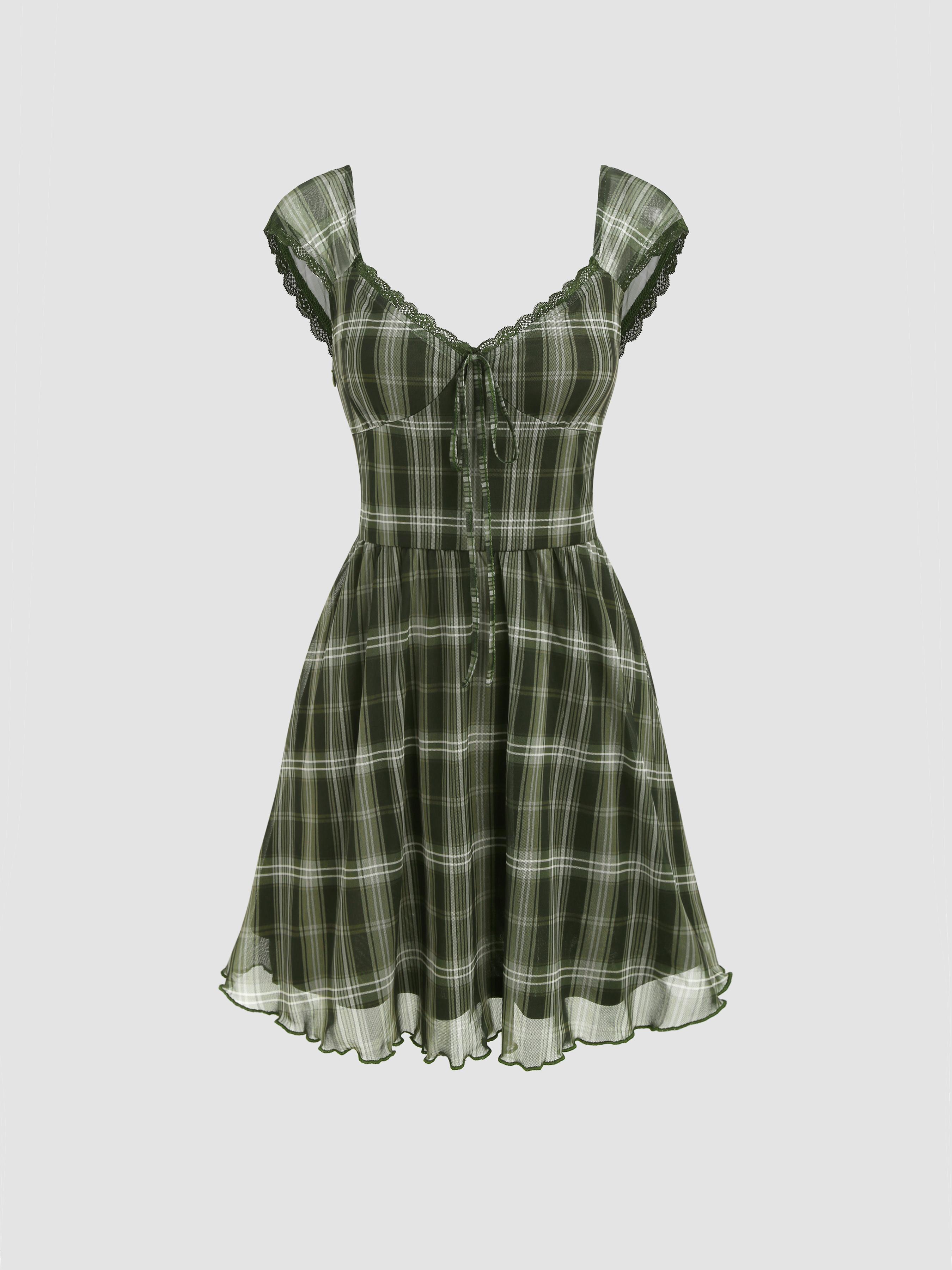 Check V-neck Knotted Lettuce Trim Mini Dress Product Image