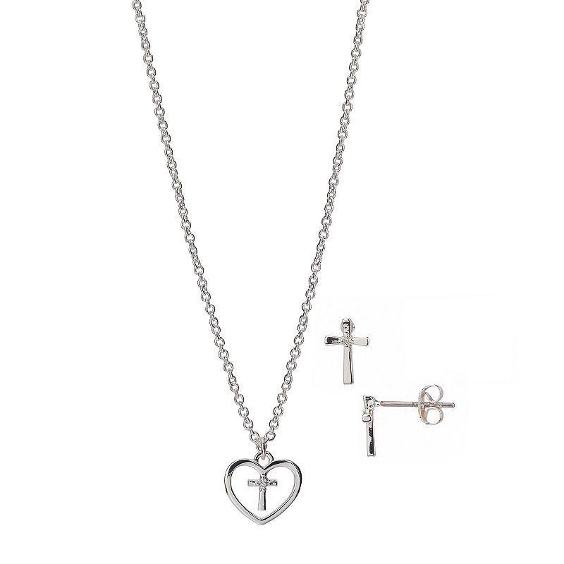 FAO Schwarz Silver Tone Heart & Cross Necklace & Earring Set, Womens Product Image