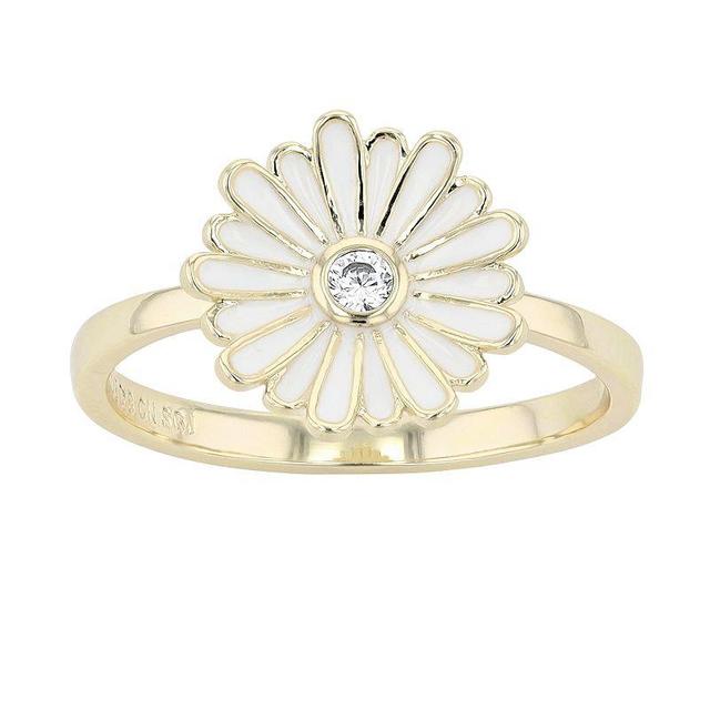 14k Yellow Gold Plated Cubic Zirconia White Enamel Daisy Flower Ring, Womens Gold Tone Product Image