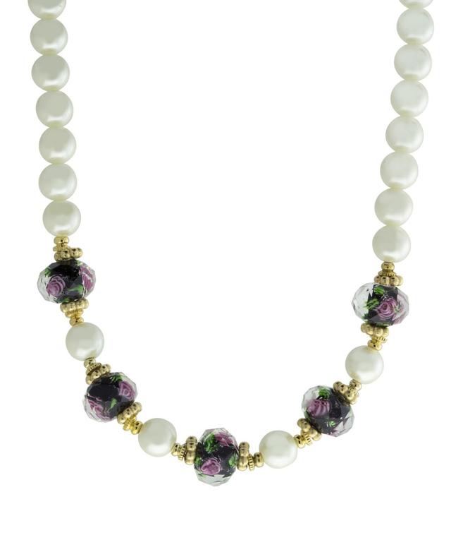 1928 Gold Tone Simulated Pearl & Black Floral Beaded Necklace, Womens Product Image