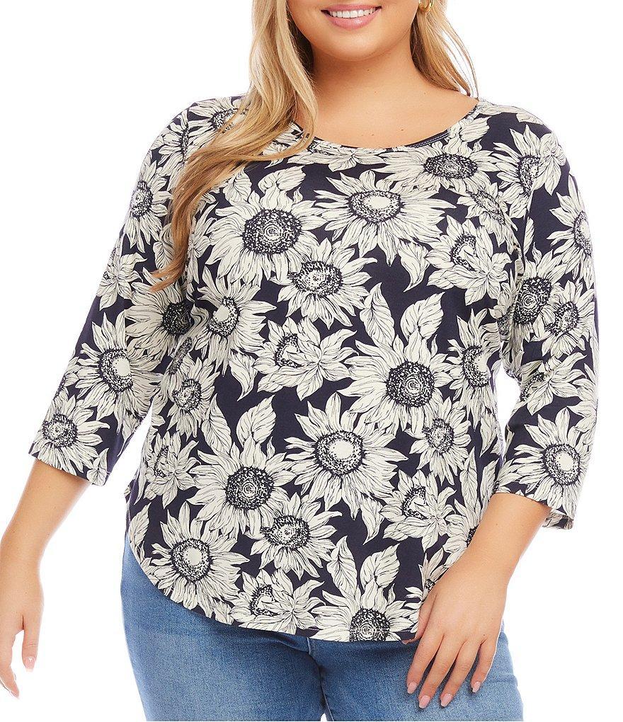 Karen Kane Plus Size Crepe Sunflower Print Scoop Neck 3/4 Sleeve Top Product Image