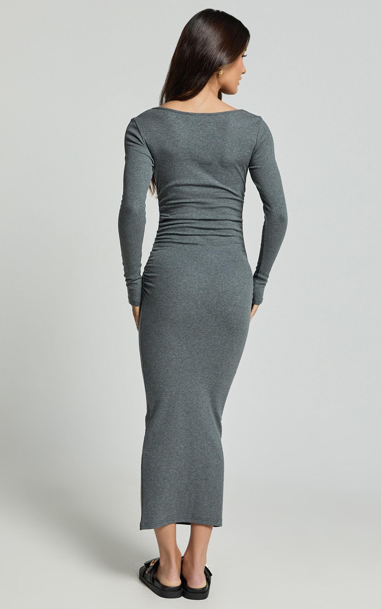 Lucy Midi Dress - Ribbed Side Ruched Bodycon Dress in Charcoal Product Image