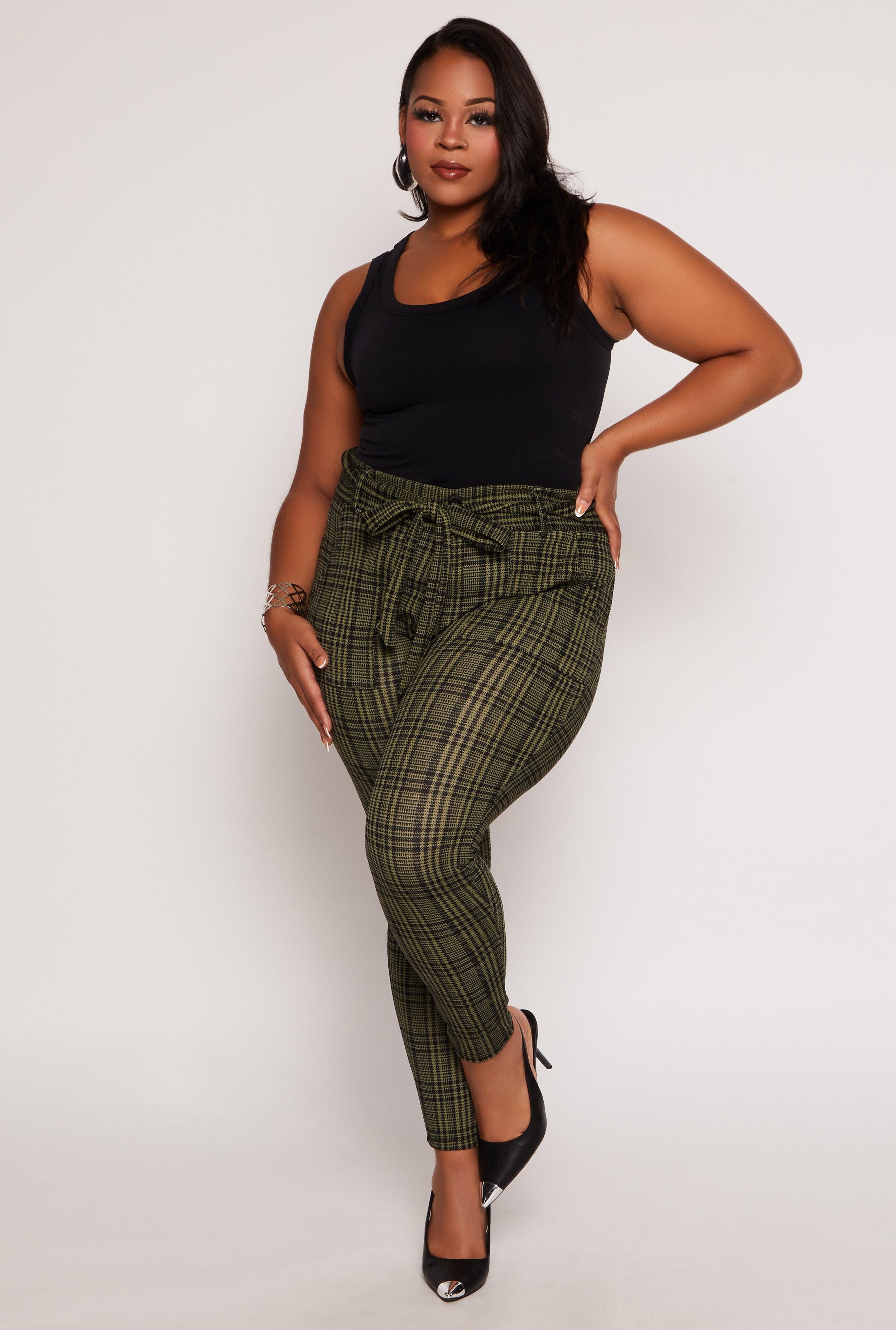 Womens Plus Size Plaid Tie Waist Belted Dress Pants Product Image