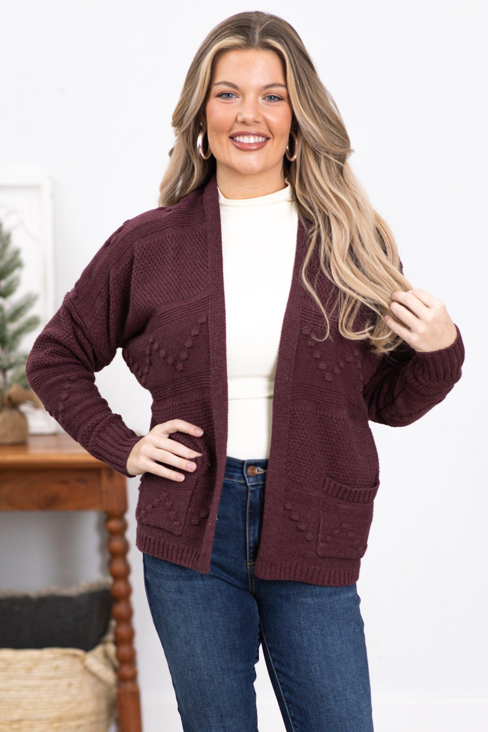 Dark Mauve Cardigan With Pompom Detail Product Image