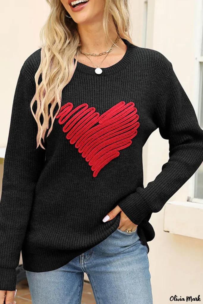 Olivia Mark – Stylish Round Neck Sweater with Intricate Black Valentines Heart Design Product Image