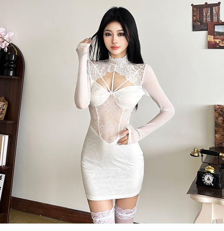 Long-Sleeve Cutout Lace Mini Bodycon Dress Product Image