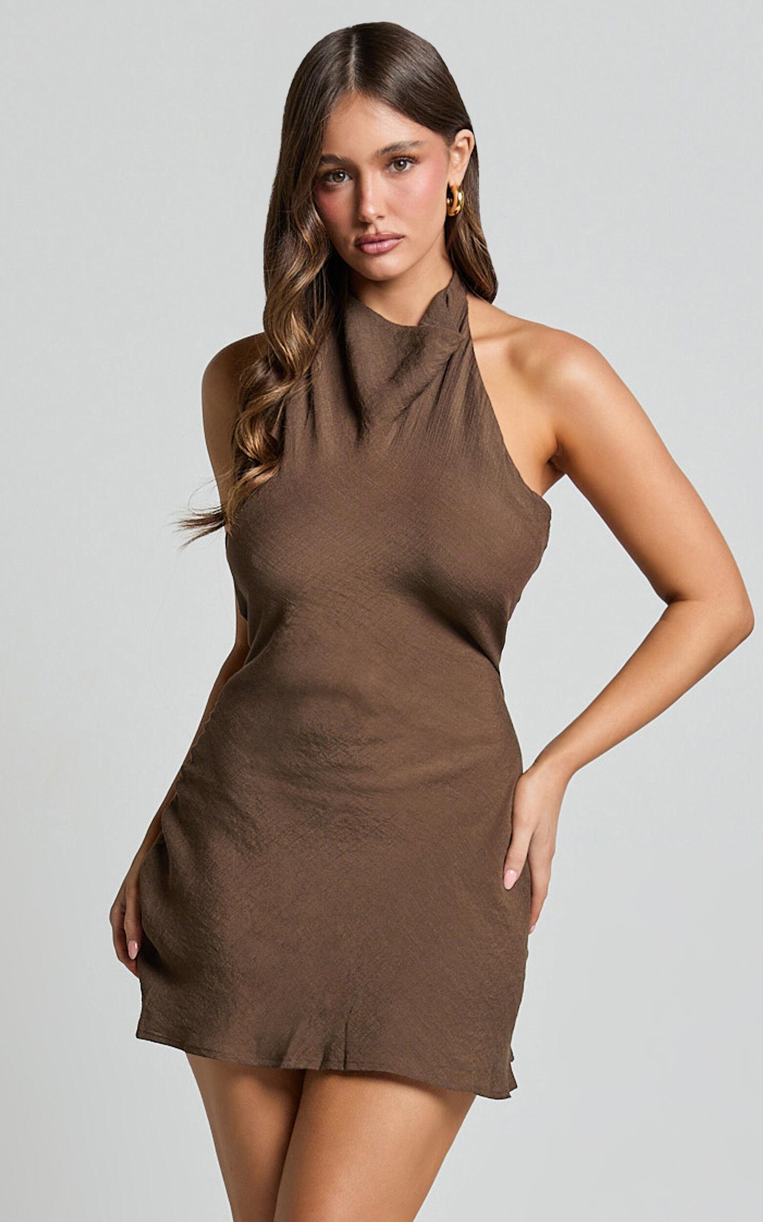 Martine Mini Dress - Halter Cowl Neck Low Tie Back Dress in Brown Product Image