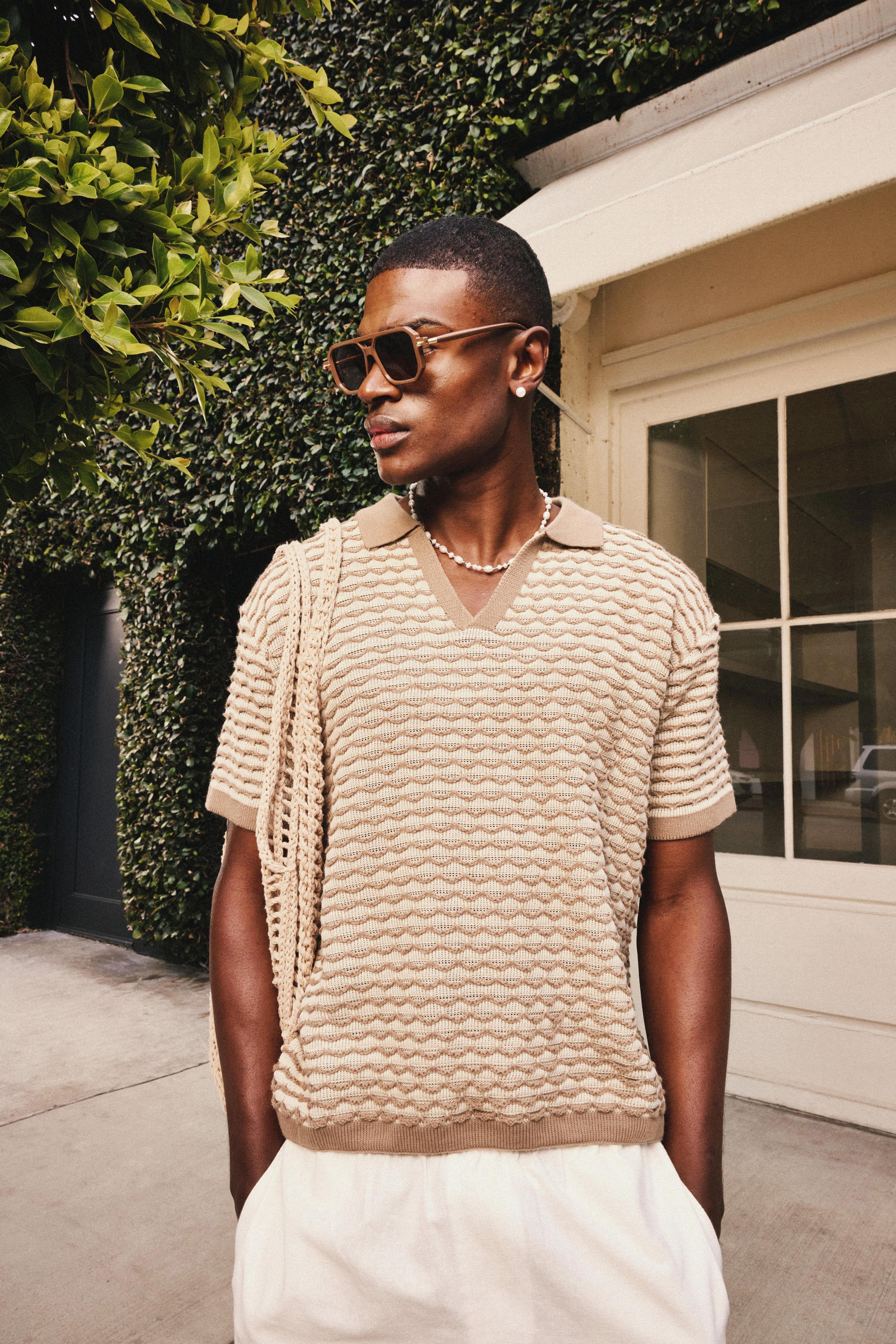 Oversized Boxy Stripe Textured Knit Polo | boohooMAN USA Product Image