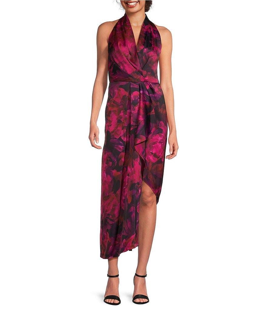 Alex Marie Hazel Surplice V-Neck Sleeveless Satin Print Asymmetrical Hem Midi Dress Product Image