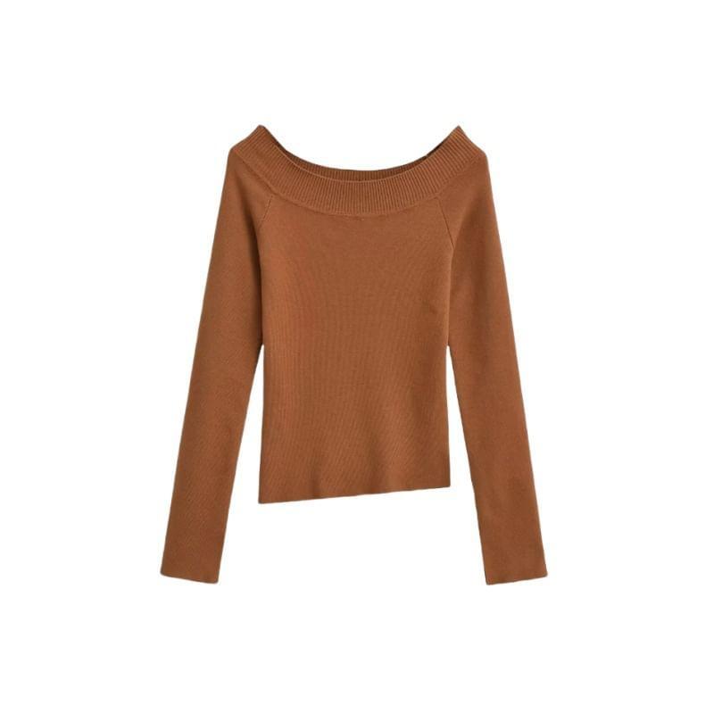 Long Sleeve Boat Neck Plain Asymmetrical Knit Top Product Image