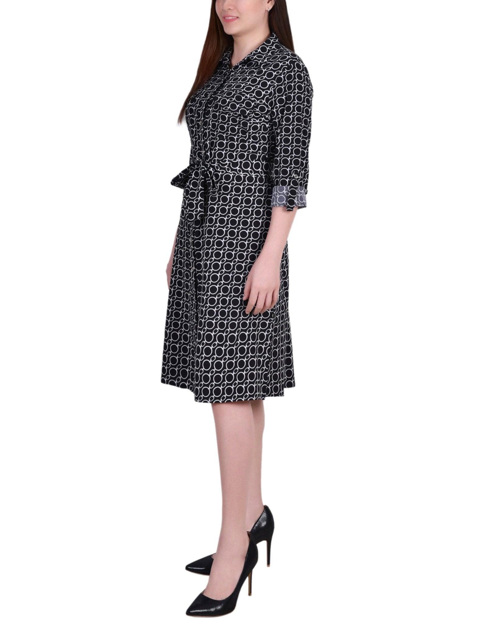 3/4 Length Roll Tab Sleeve Belted Shirtdress - Petite Product Image