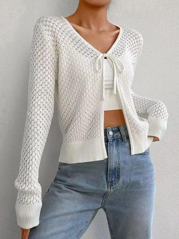 Long Sleeves Loose Solid Color Tied V-Neck Cardigan Tops Product Image