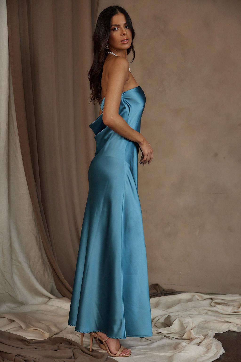 Natalia Solid Blue Strapless Maxi Dress Product Image