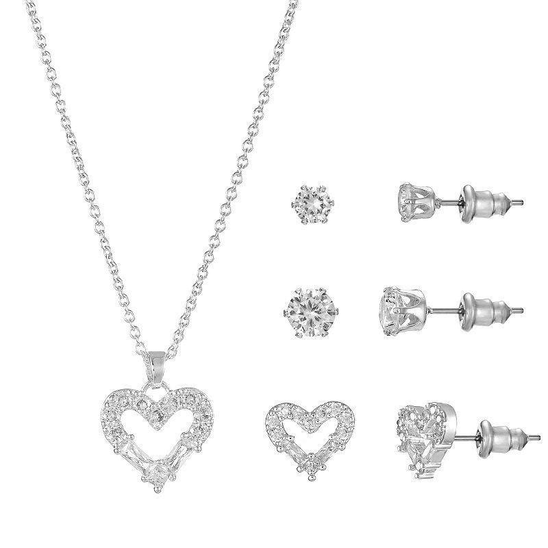 Silver Tone Cubic Zirconia Heart Pendant Necklace & Stud Earrings Trio Set, Womens, Size: 18+3, Silver Tone Clear Product Image