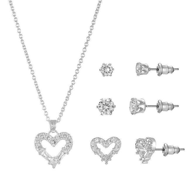 Silver Tone Cubic Zirconia Heart Pendant Necklace & Stud Earrings Trio Set, Womens, Size: 18+3, Silver Tone Clear Product Image