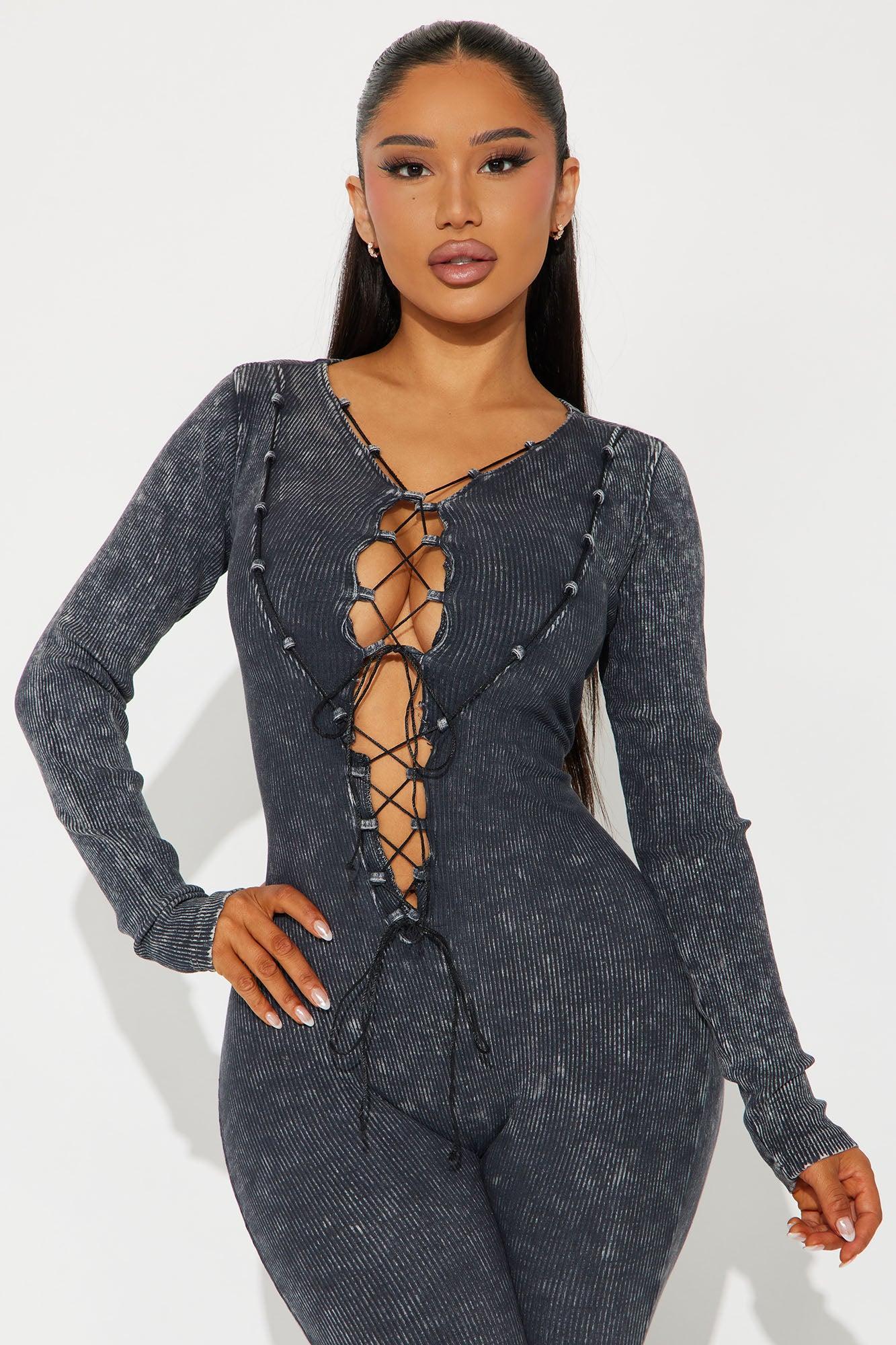 Lace Em Up Jumpsuit - Charcoal Product Image