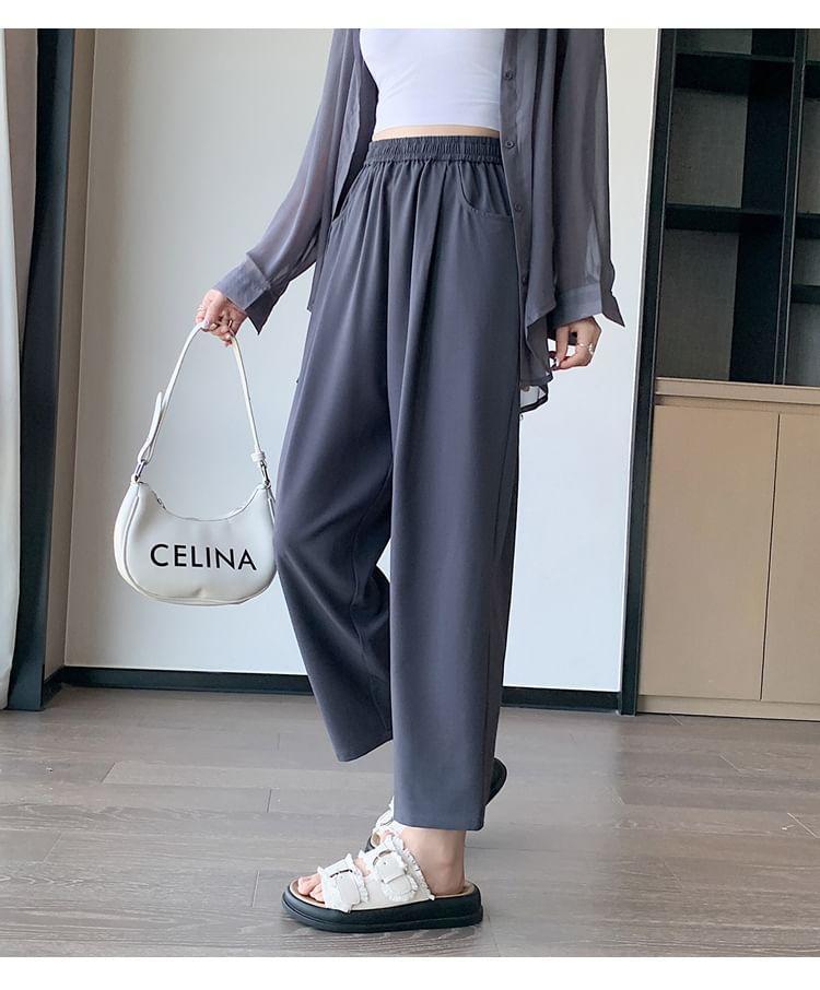 Elastic Waist Plain Cropped Straight Leg Pants Product Image