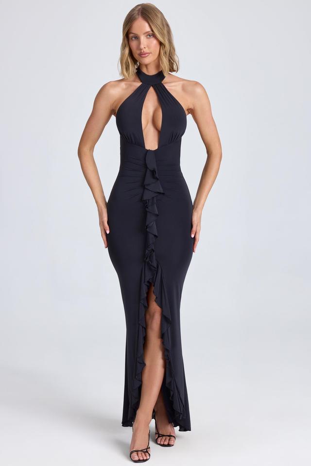 Halterneck Ruffle-Trim Gown in Black Product Image