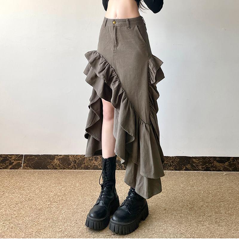 High Waist Plain Asymmetrical Ruffle Trim Midi A-Line Skirt Product Image