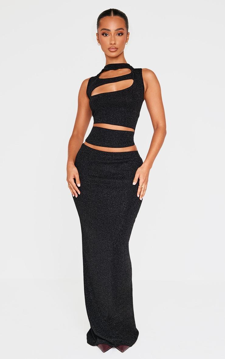 Petite Black Glitter Cut Out Detail Crop Top Product Image