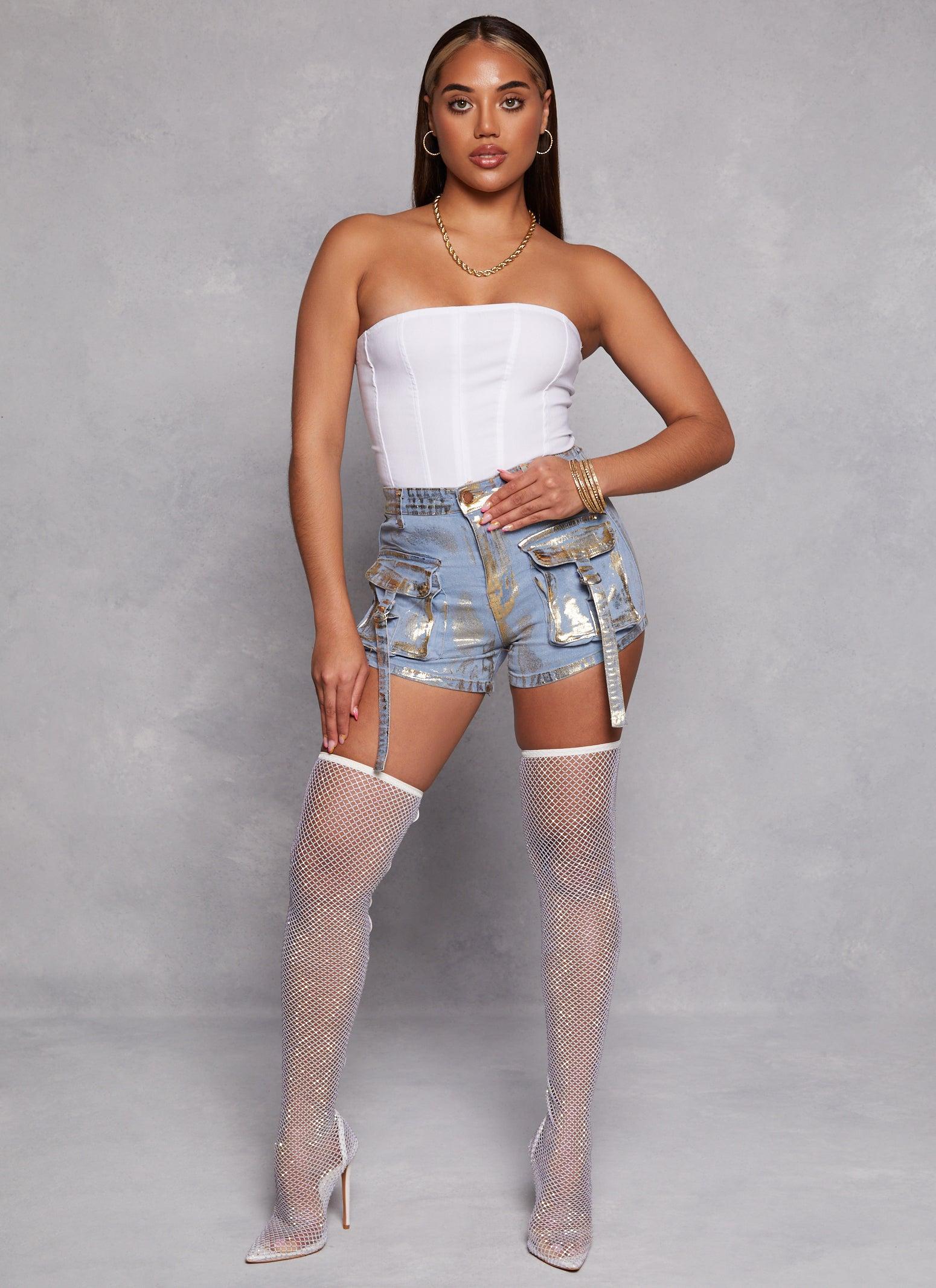 Womens Daisy Foil Screen Strappy Cargo Denim Shorts Product Image