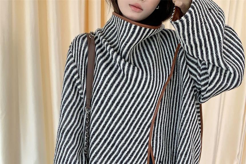 Faux Leather Panel Striped Wrap Coat Product Image