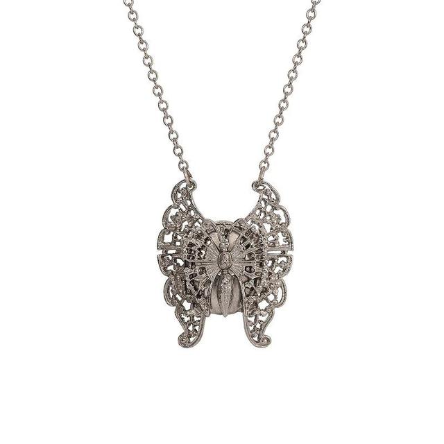 1928 Silver Tone Butterfly Locket Pendant Necklace, Womens, Gray Product Image