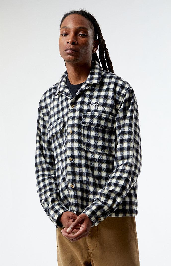 Mens Cropped Embroidered Camp Flannel Shirt in Black Product Image