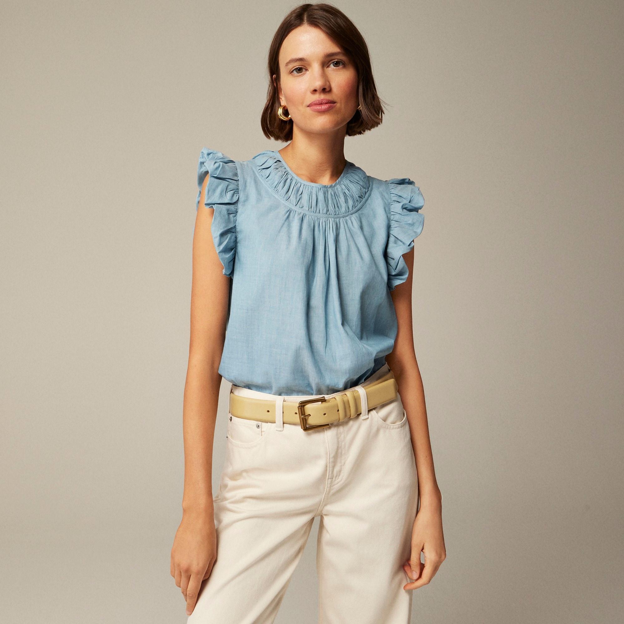 Gathered ruffle-sleeve top in washed cotton voile Product Image