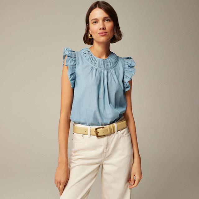 Gathered ruffle-sleeve top in washed cotton voile Product Image