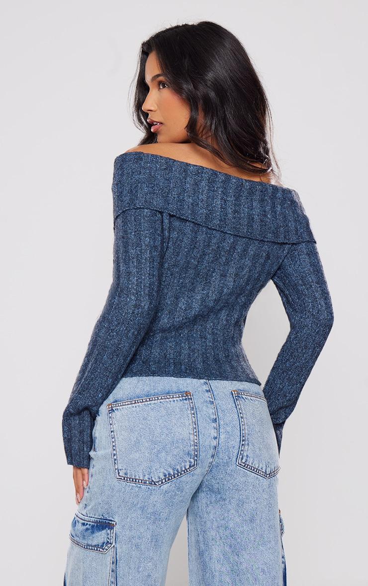  Charcoal Blue Luxe Knit Off The Shoulder Top Product Image