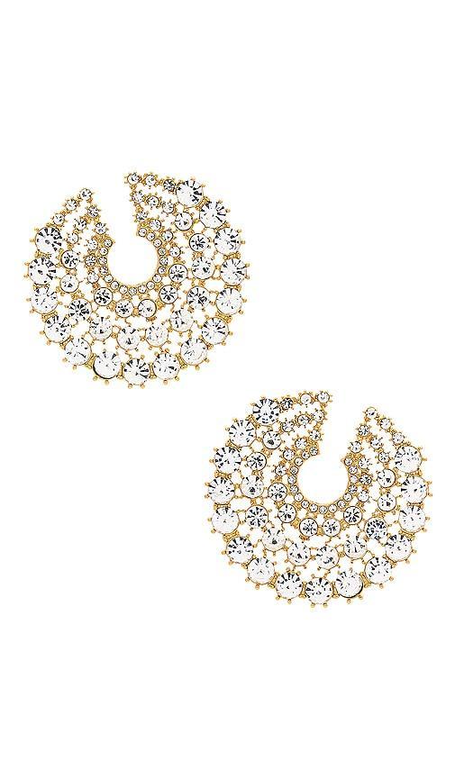 Ettika Large Crystal Party Stud Earrings in Metallic Gold. Product Image