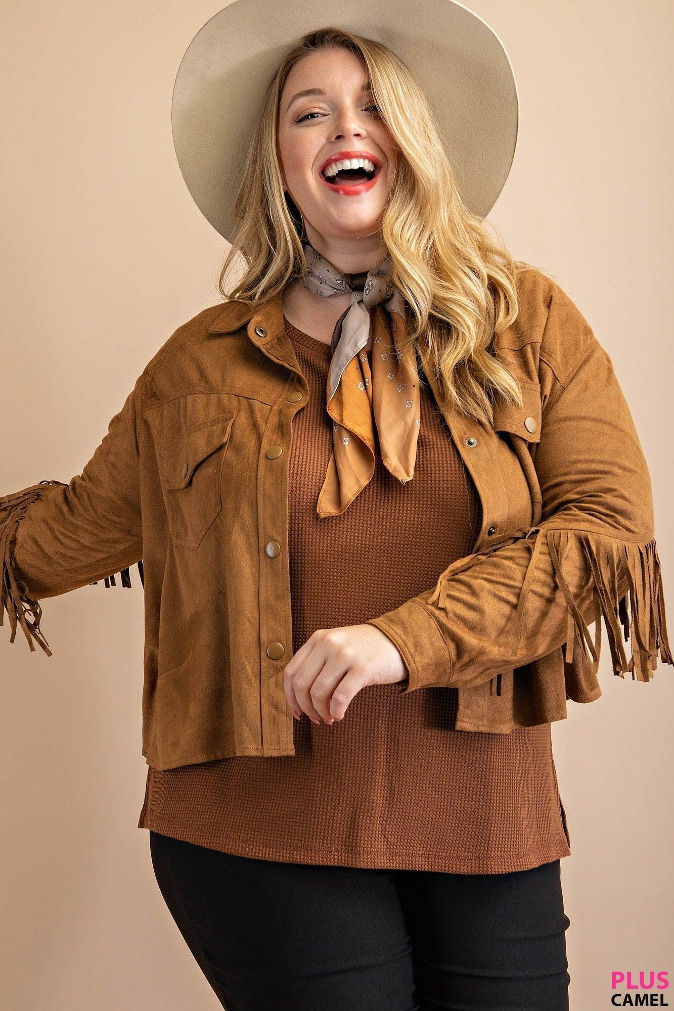 PLUS Camel Faux Suede Fringe Jacket Product Image