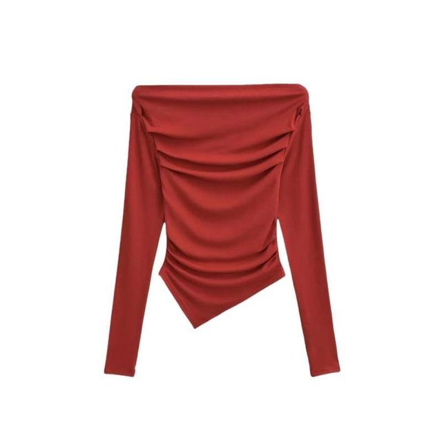 Long Sleeve Off Shoulder Plain Ruched Asymmetrical Top Product Image