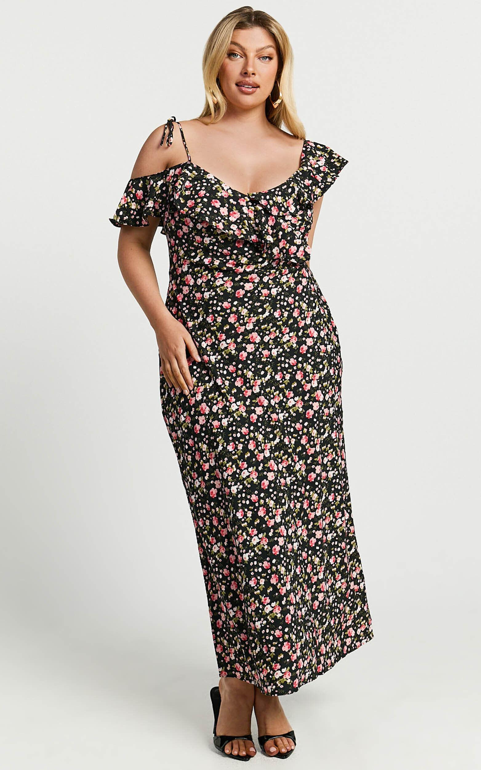 Giulia Midi Dress - One Shoulder Frill Detail Dress in Black Floral Product Image