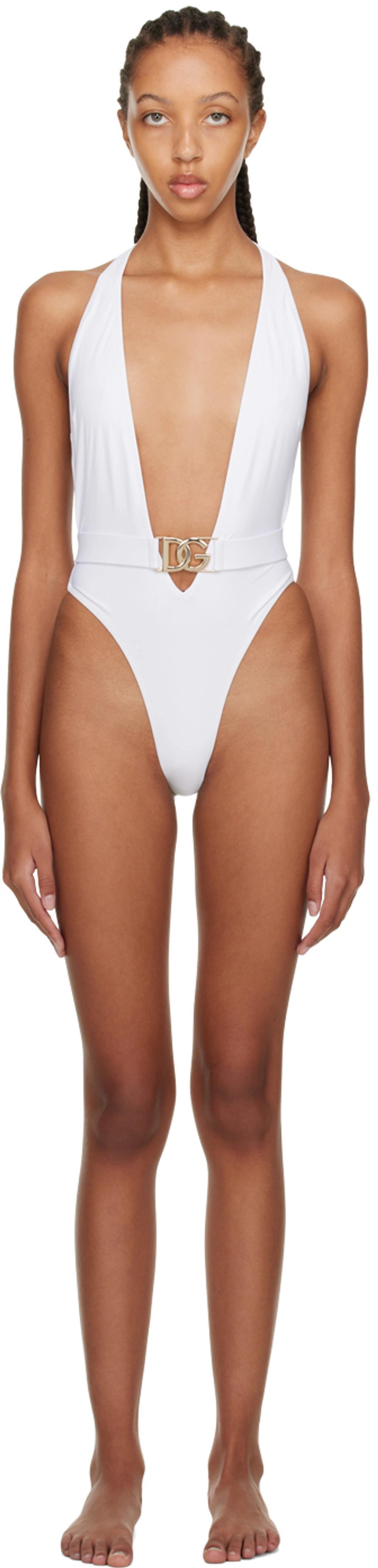 DOLCE & GABBANA White Plunging One-piece Swimsuit In W0800 Bianco Ottico Product Image