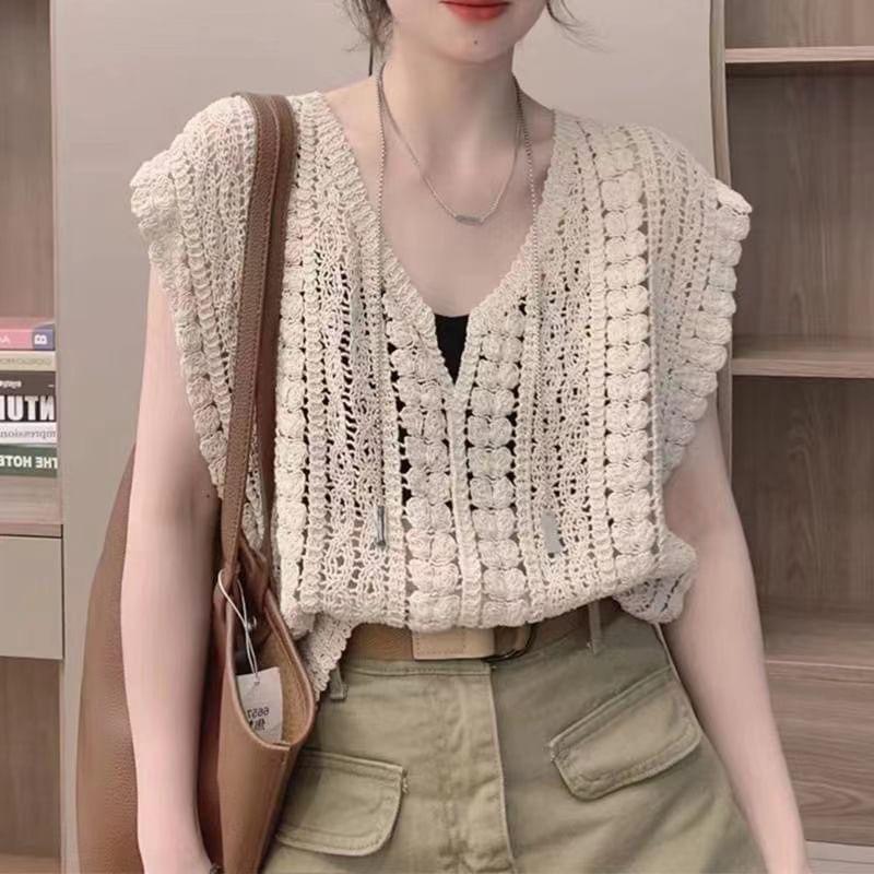 Sleeveless V-Neck Crochet Knit Top Product Image