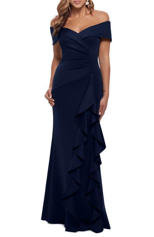 Xscape Evenings Off the Shoulder Ruffle Crepe Trumpet Gown Product Image