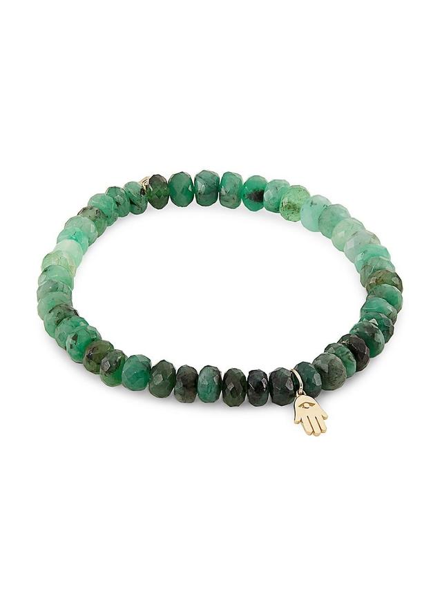 Womens 14K Yellow Gold & Emerald Rondelle Hamsa Bracelet Product Image