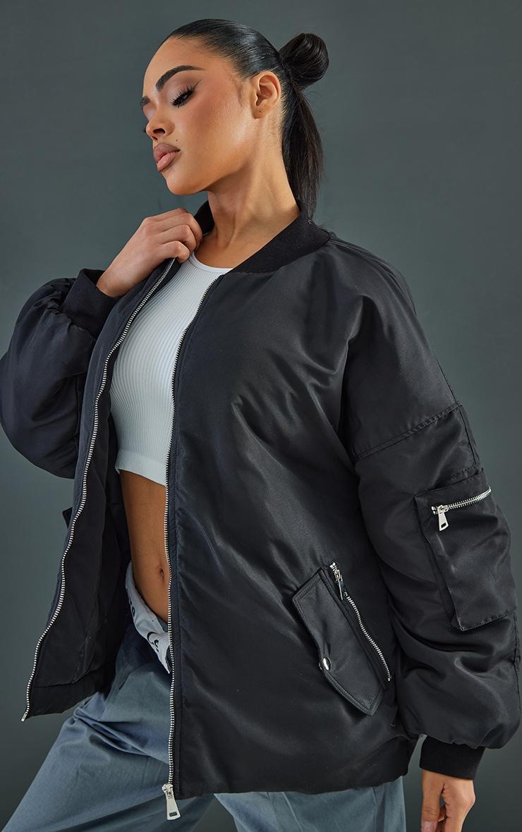 Black Pocket Detail Oversized Bomber Jacket Product Image