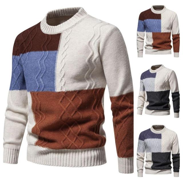 Crew Neck Color Block Cable Knit Sweater Product Image