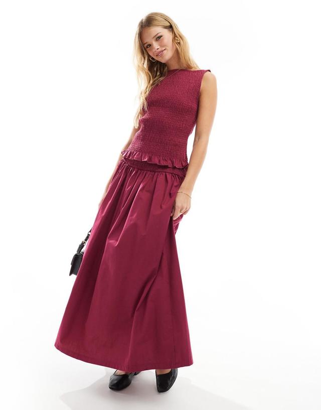 ASOS DESIGN poplin shirred waist maxi skirt in burgundy - part of a set Product Image