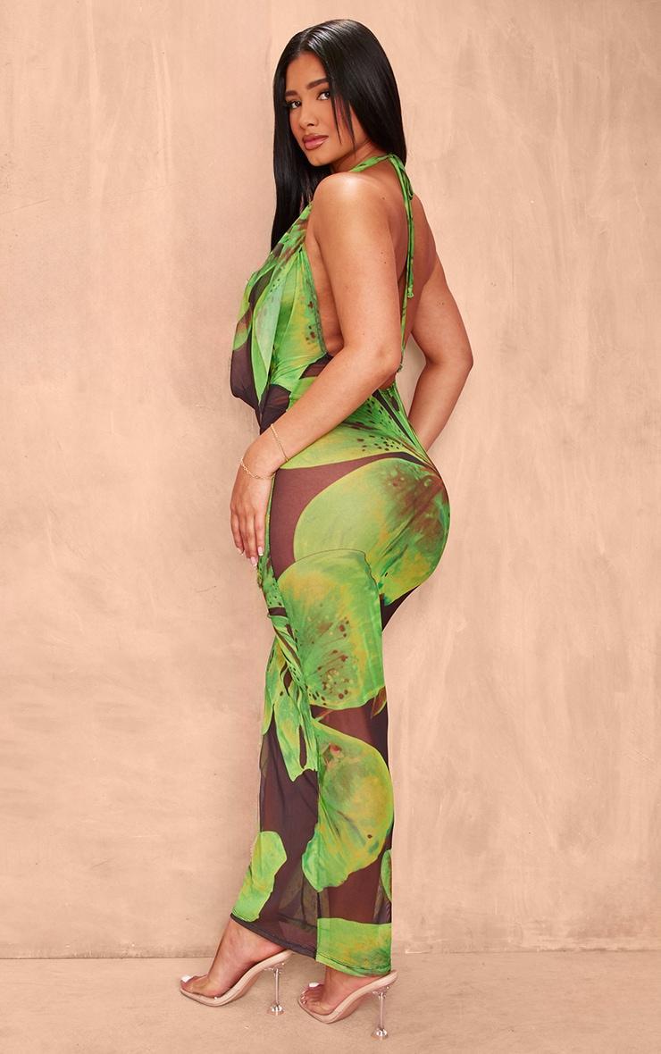 Shape Green Floral Printed Mesh Halterneck Cowl Maxi Dress Product Image