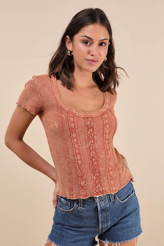 Boho Charisma Washed Rust Waffle-Knit Lace Short Sleeve Top Product Image