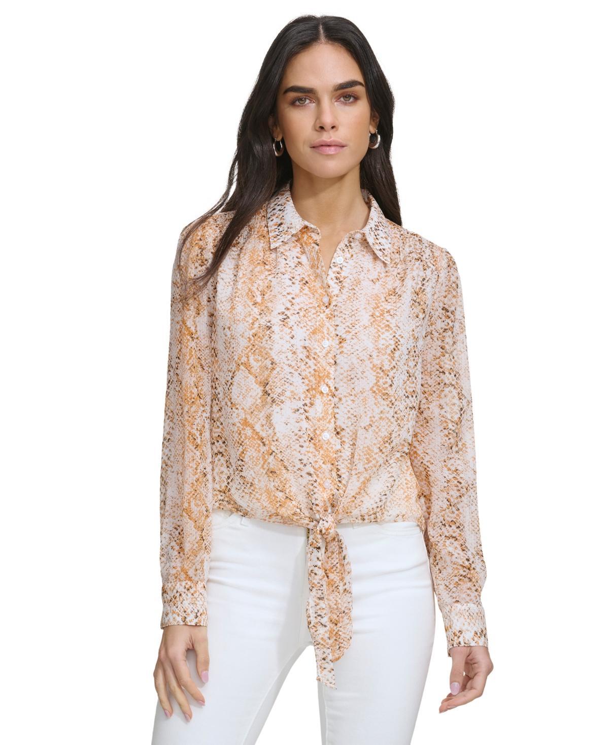 Calvin Klein Womens Printed High-Low Tie-Waist Blouse Product Image