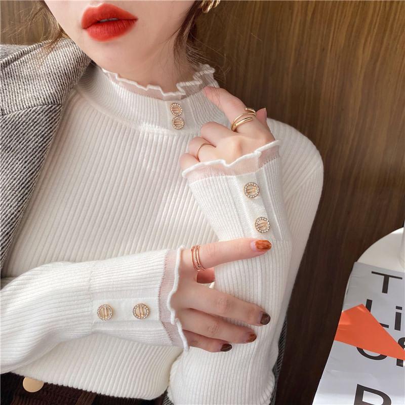 Long-Sleeve Mock Neck Frill Trim Plain Knit Top Product Image